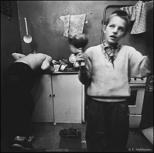 Misha and Tanya  Kitchen of the Temporary Orphanage, Mokhovaya St., 1992, Альбом: Evgeny Mokhorev «Games Children Play» (1987-1993)